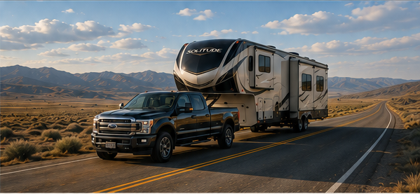 Fifth-wheel RV traveling through a scenic landscape