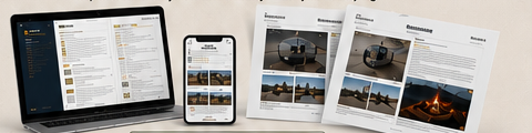 Laptop, phone, and report pages showing an RV inspection report